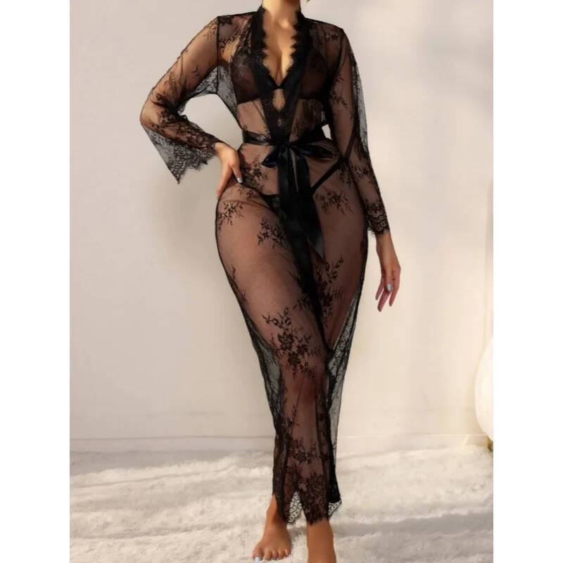 Black Lace Sheer Long Robe For - Kimono Sheer Floral review and price