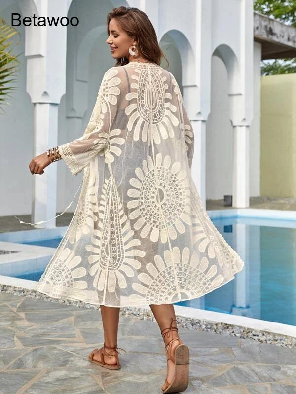 Women White Boho Floral Hollow - Kimono Sheer Floral review and price