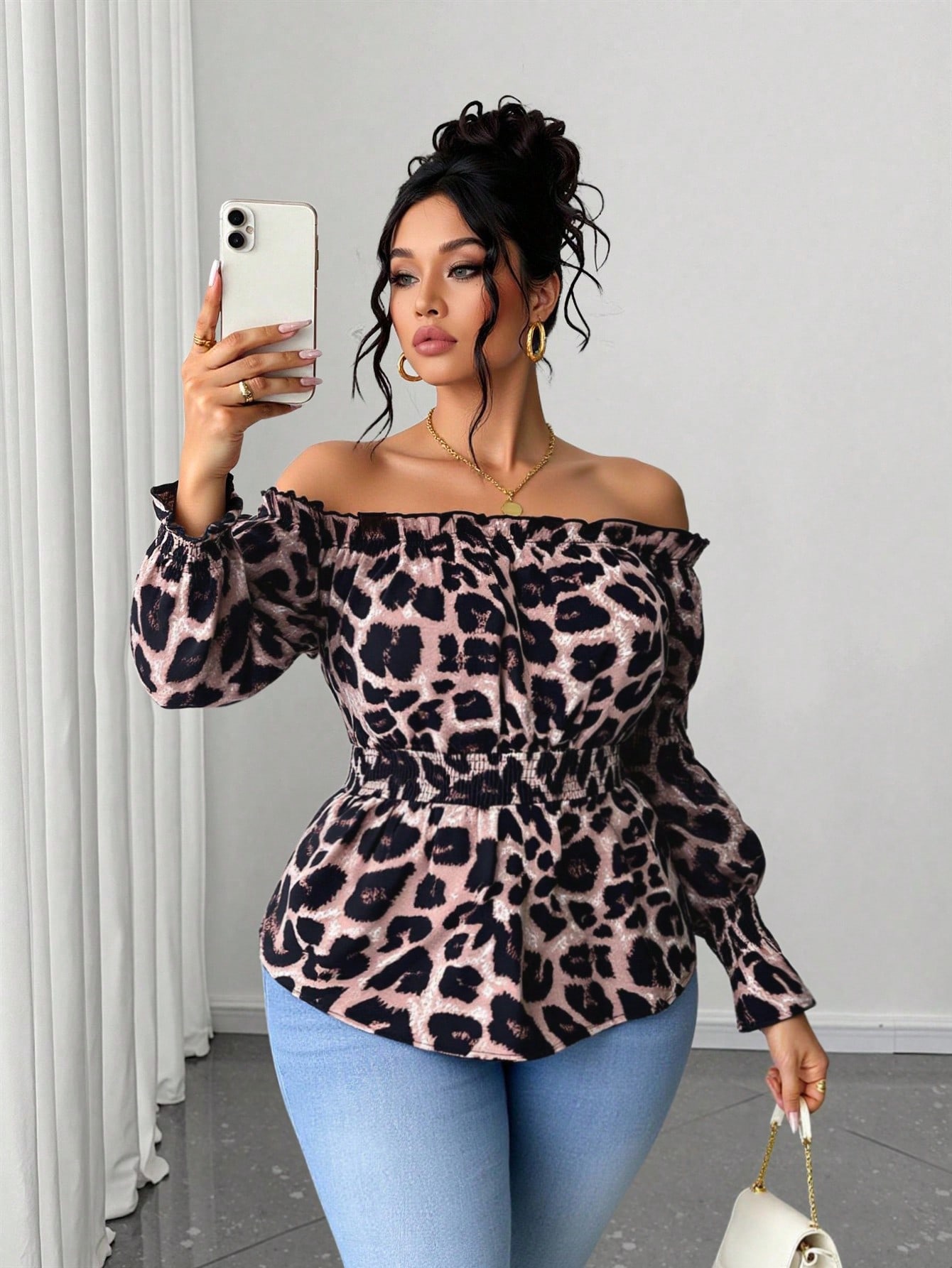 Plus Size Women Leopard Print  - Blouse Off Shoulder review and price