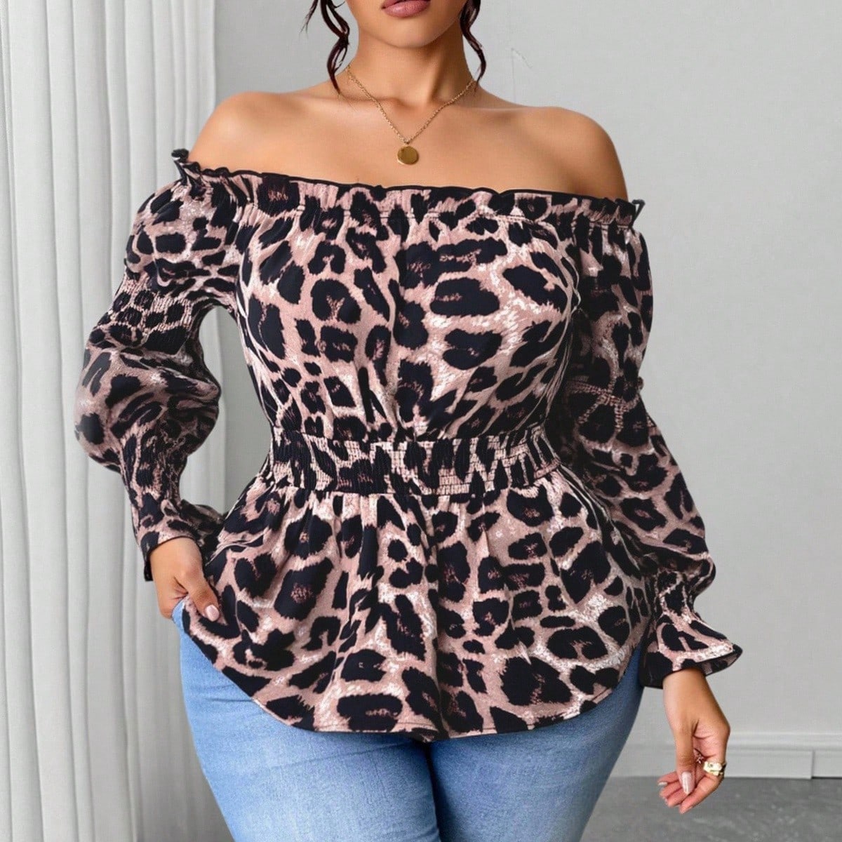 Plus Size Women Leopard Print  - Blouse Off Shoulder review and price