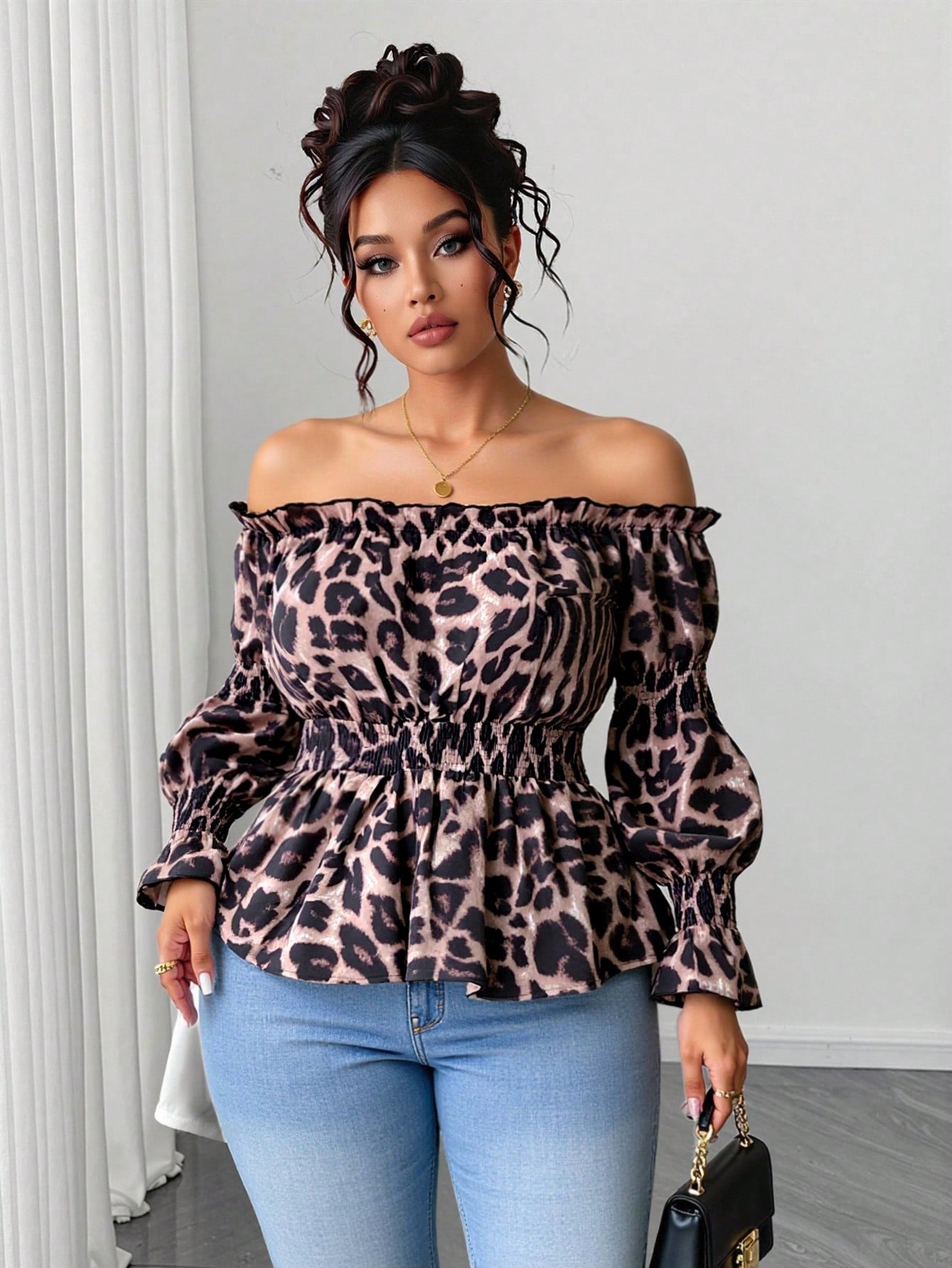 Plus Size Women Leopard Print  - Blouse Off Shoulder review and price