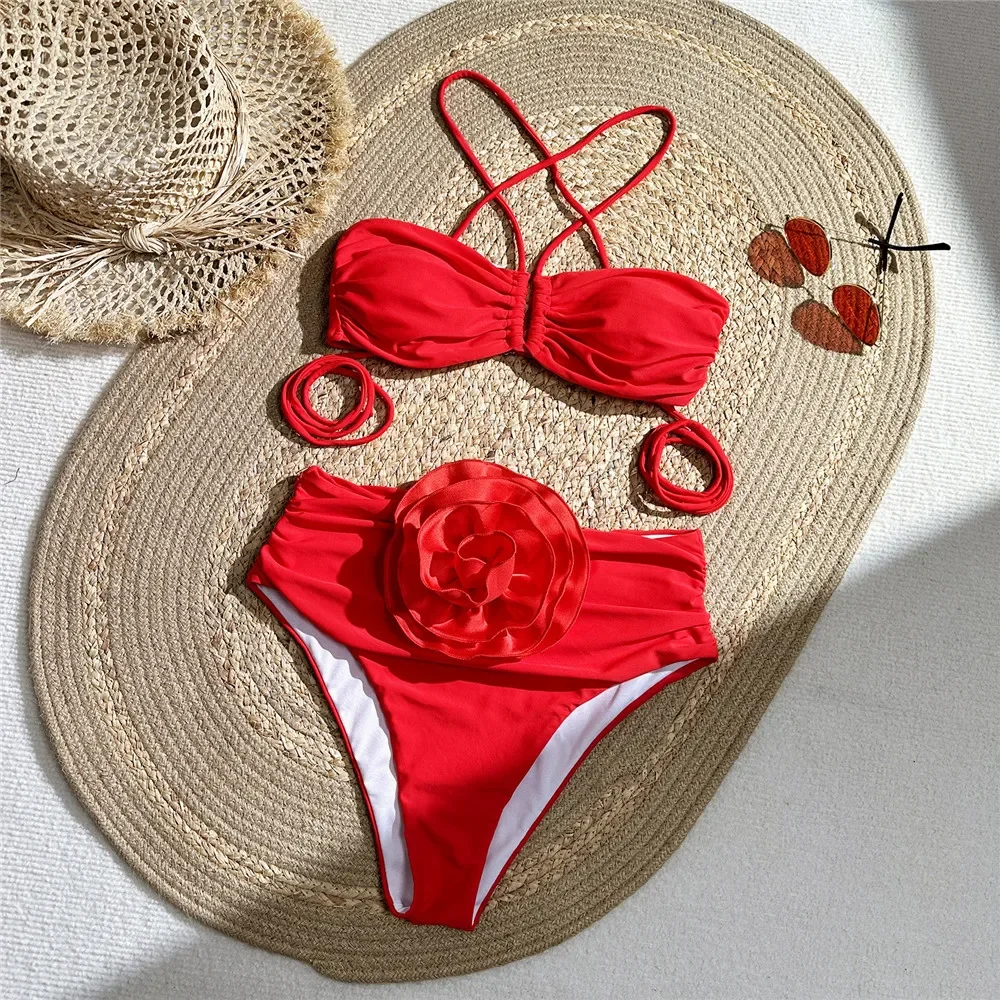 Sexy Red 3D Flower Swimwear Ha - Swimsuit Bikini Ruched review and price