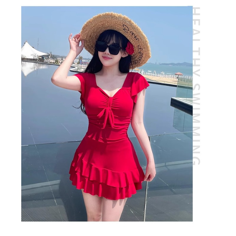 Women's Red V Neck Skirted One - Swimsuit Bikini Ruched review and price